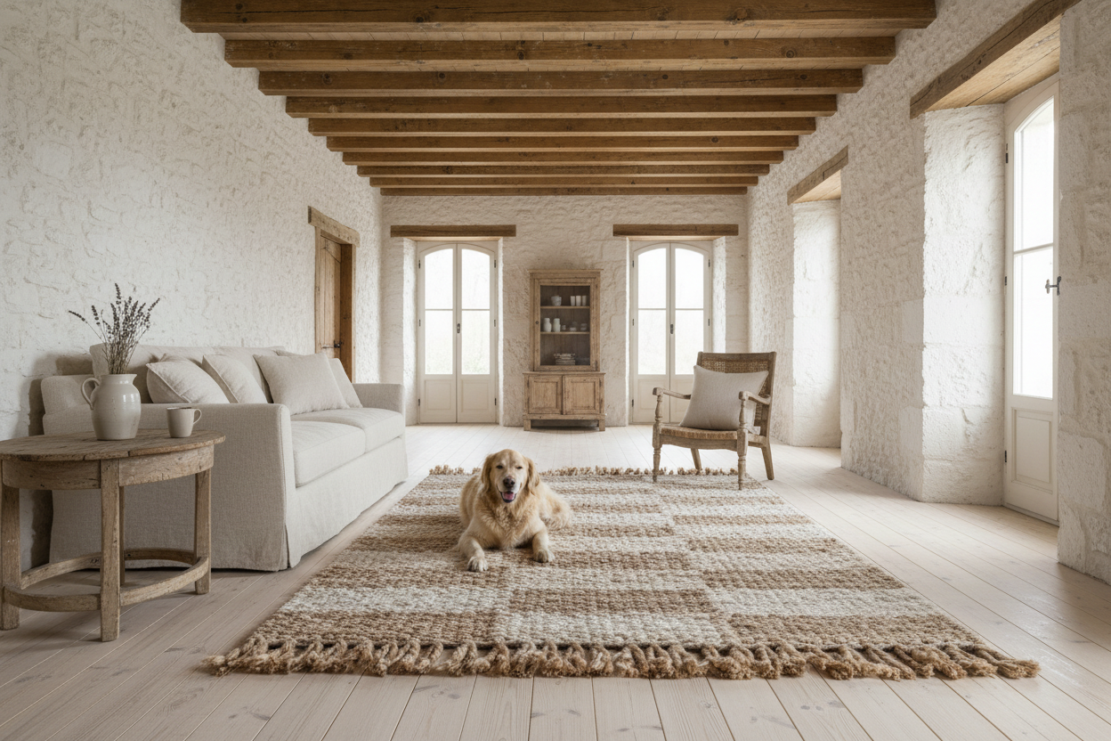 Textured woven rug with a geometric pattern on a white background
