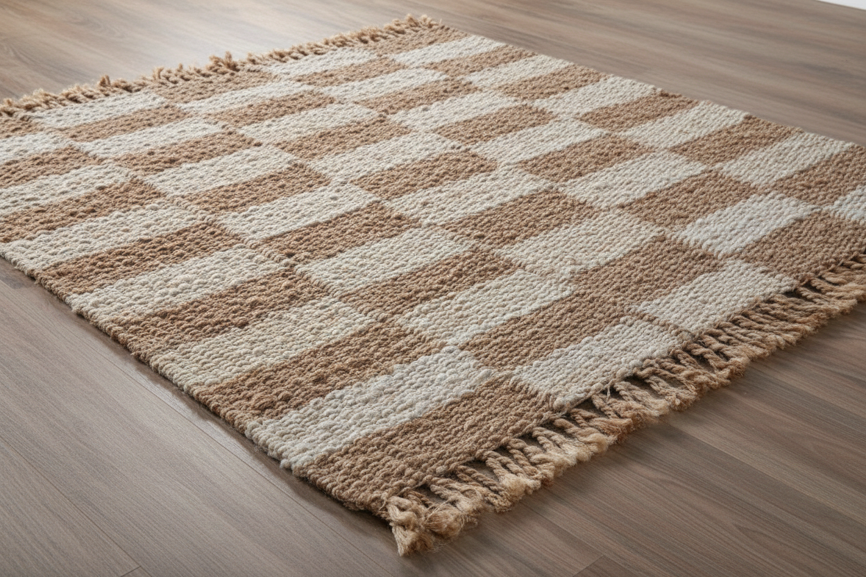 Textured woven rug with a geometric pattern on a white background