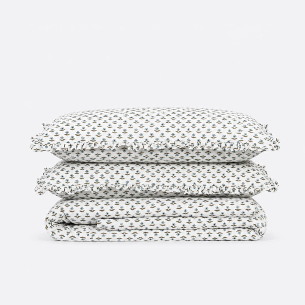 Freesia Ice Blue Block Print Cotton Duvet Cover Set