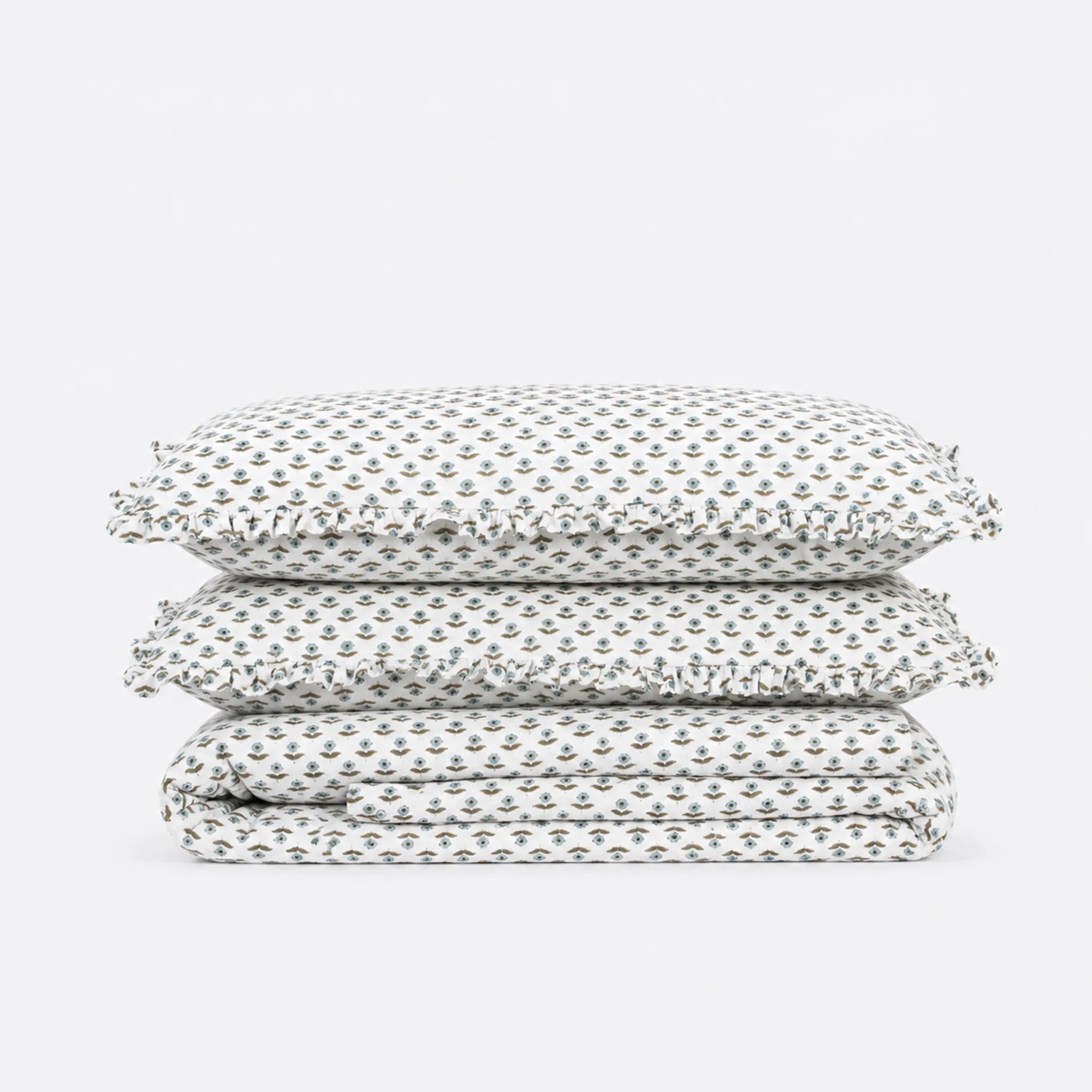 Freesia Ice Blue Block Print Cotton Duvet Cover Set
