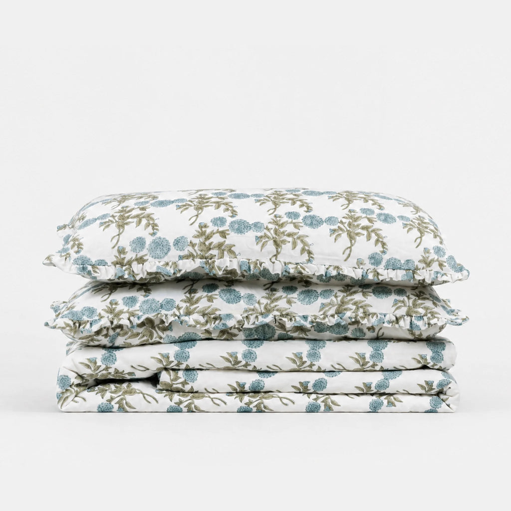 Tony Ice Blue Block Print Cotton Duvet Cover Set