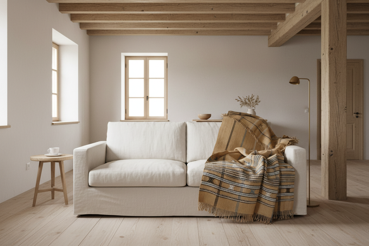 Handwoven Vintage Bhujodi Bed Throw Peach