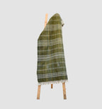 Green patterned throw draped over a wooden chair on a light gray background