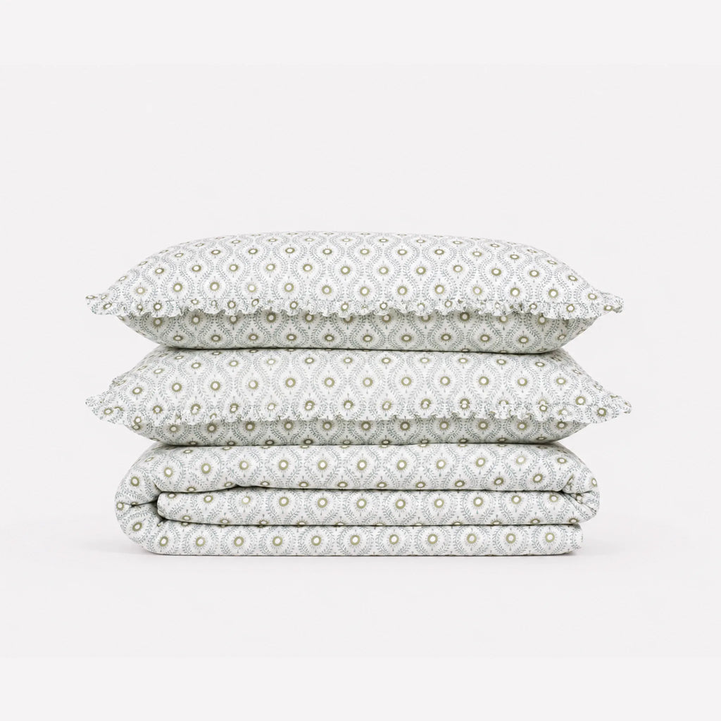 Andrea Ice Blue Block Print Cotton Duvet Cover Set