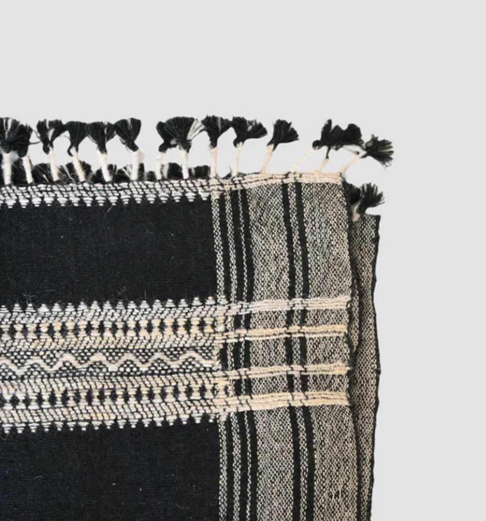 Handwoven Vintage Bhujodi Bed Throw -Black and Biege - 24" x 80"