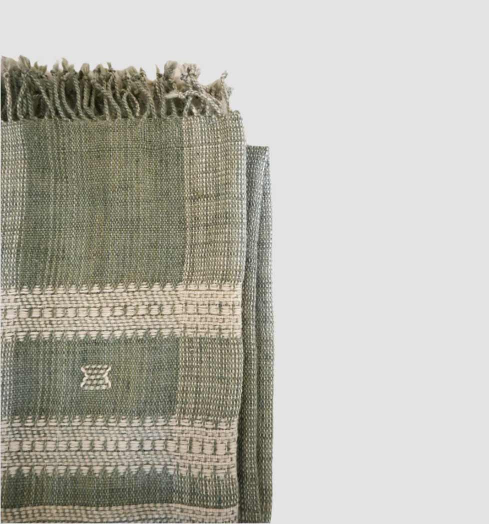 Vintage Bhujodi Handwoven Wool Bed Throw – Sage Green