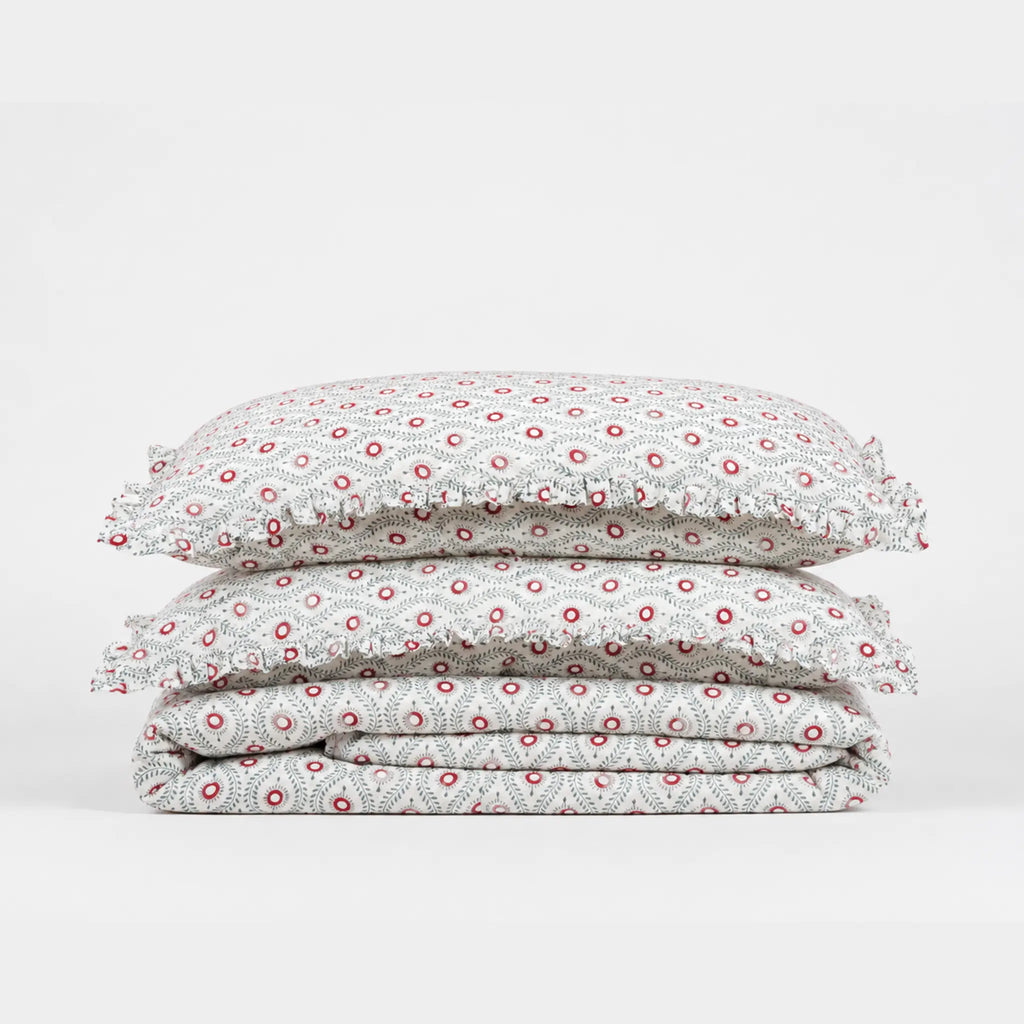 Andrea Red Block Print Cotton Duvet Cover Set