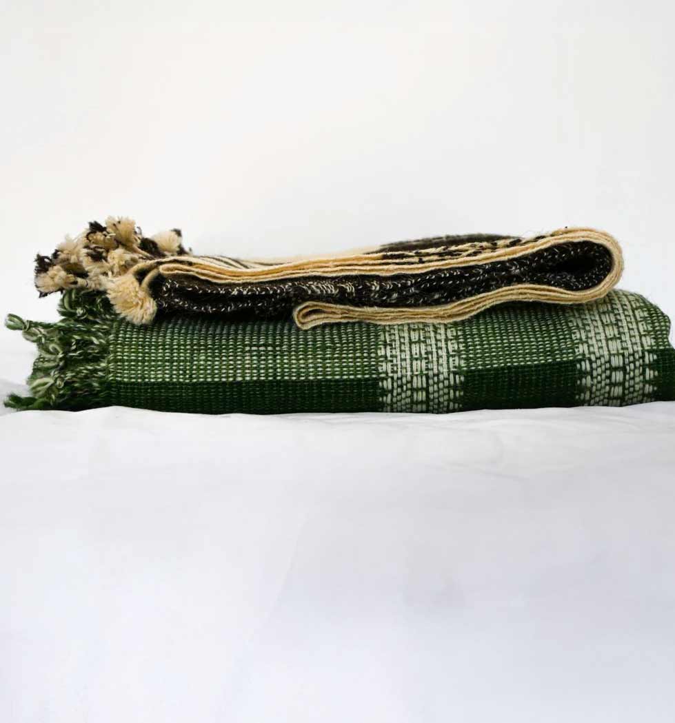 Handwoven Vintage Bhujodi Bed Throw -Black and Biege Stripes - 24" x 80"