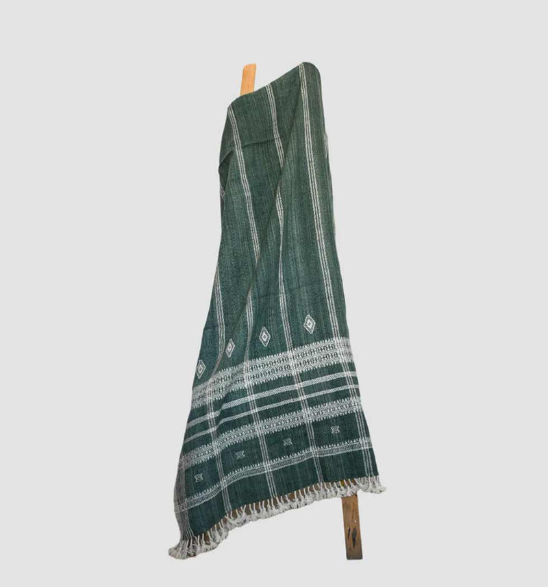 Handwoven Vintage Bhujodi Bed Throw Deep Olive Green Handloom Throws