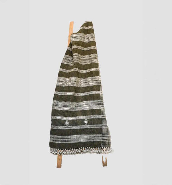 Handwoven Vintage Bhujodi Bed Throw -Olive Green - 50