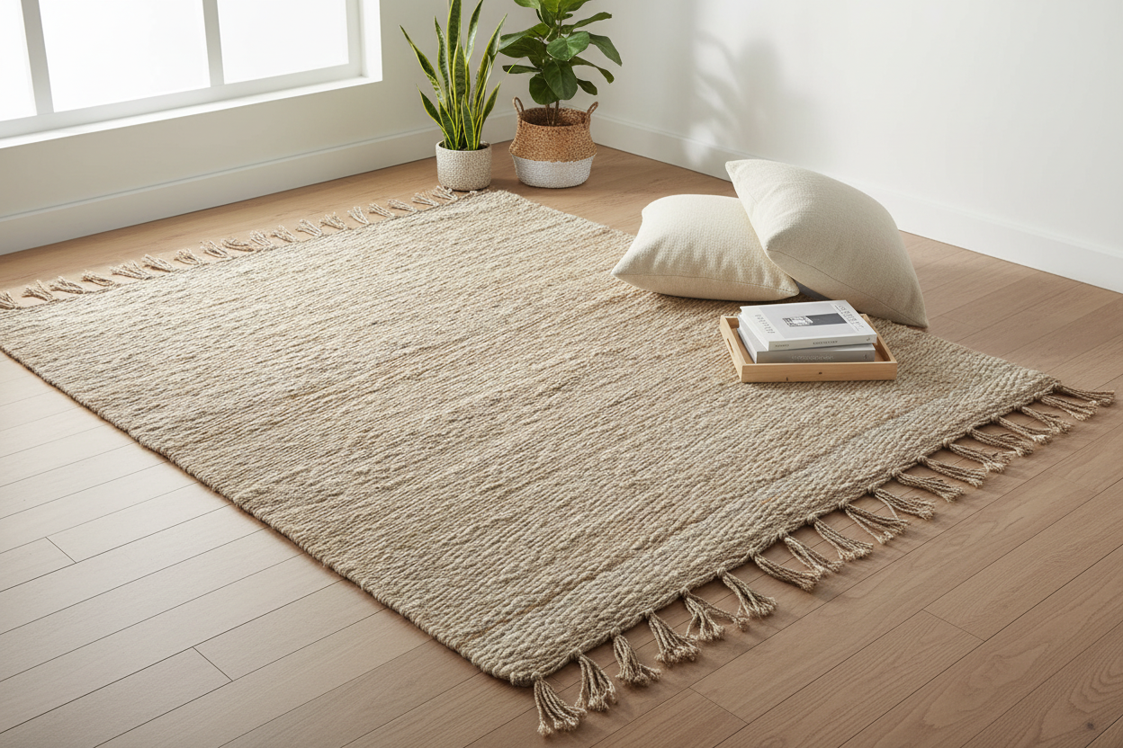 Textured area rug with fringes on a white background