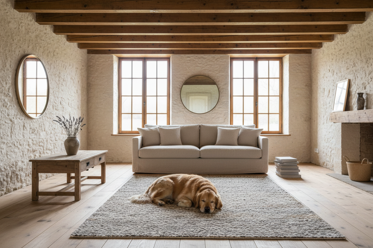 Textured area rug with a neutral color palette on a white background