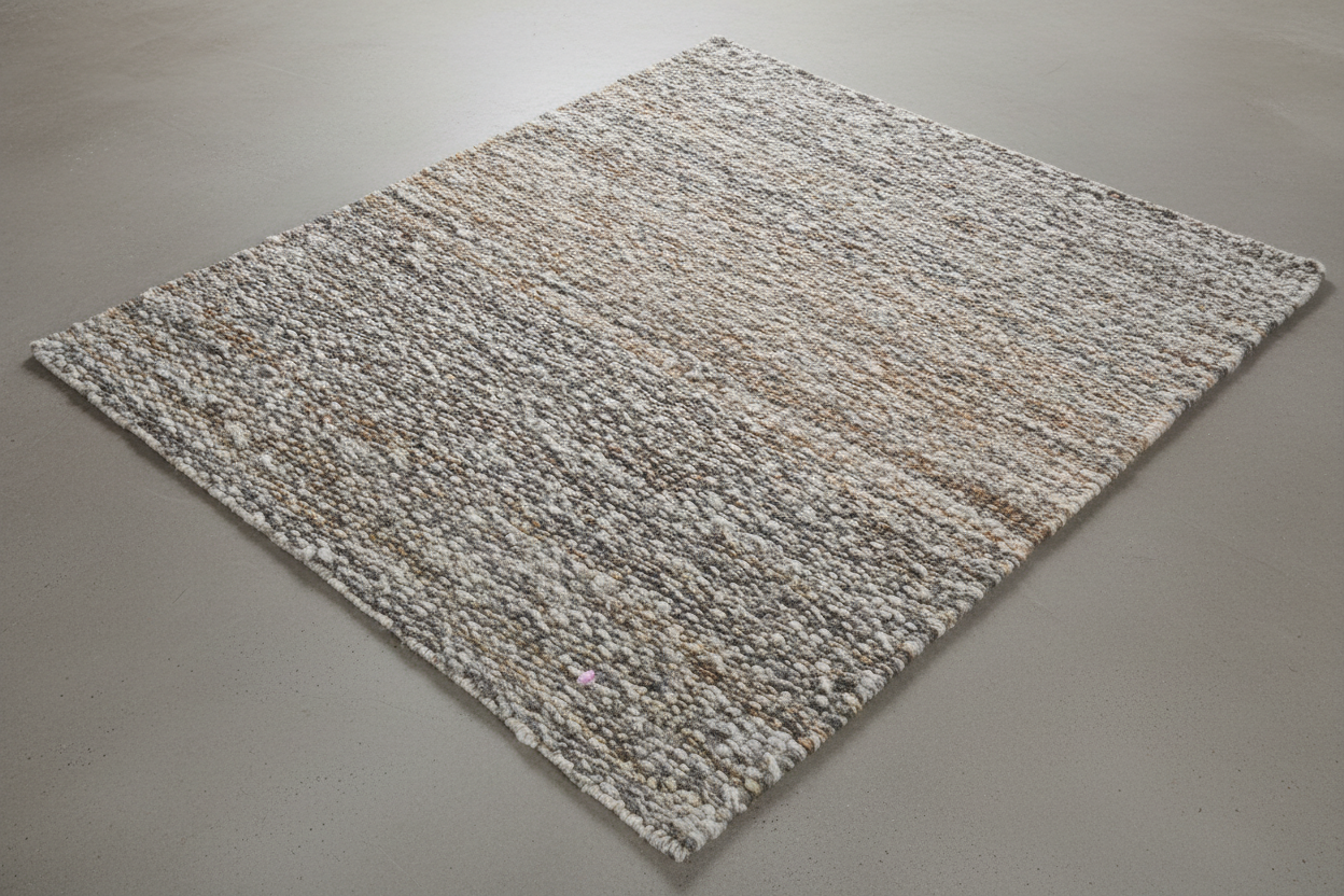 Textured area rug with a neutral color palette on a white background