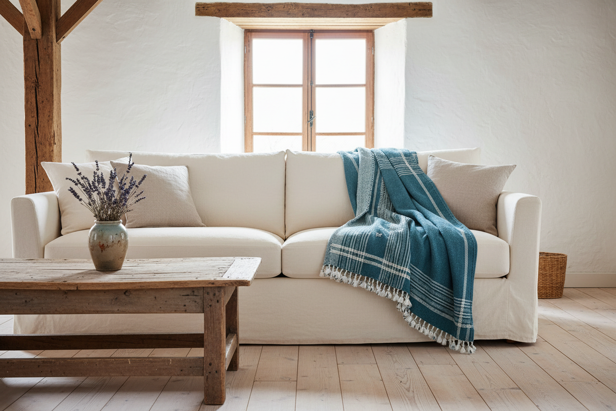 Handwoven Vintage Bhujodi Throw - Navy Blue - 40" X 90"