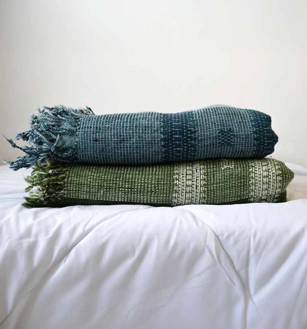 Handwoven Vintage Bhujodi Bed Throw -Slate Blue - 54" x 102" Handloom Throws