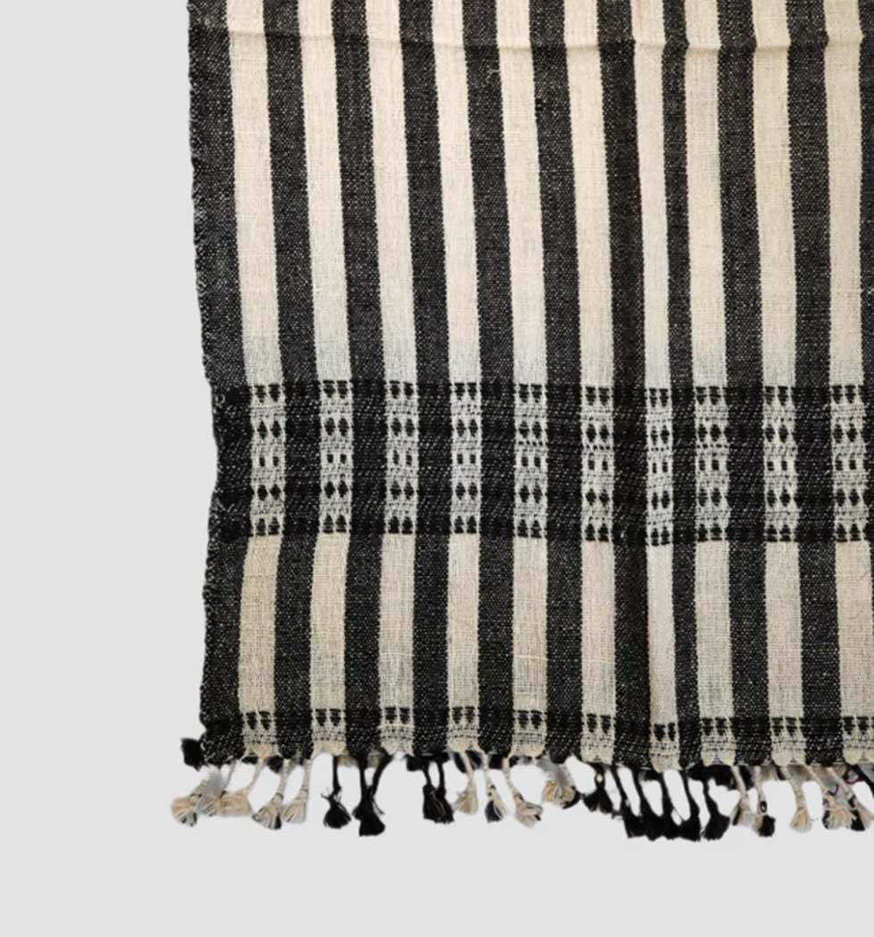 Handwoven Vintage Bhujodi Bed Throw -Black and Biege Stripes - 24" x 80"