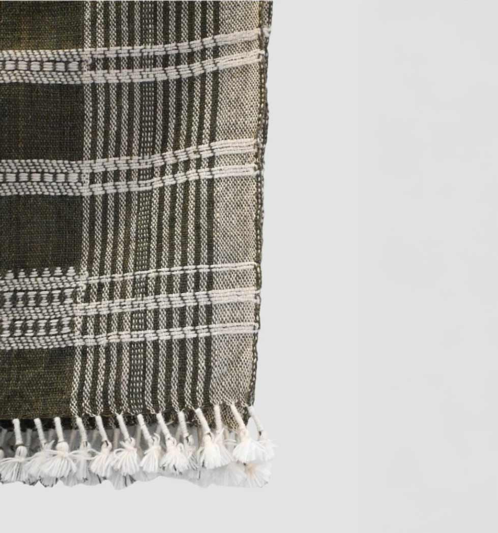 Handwoven Vintage Bhujodi Bed Throw -Olive Green - 50" x 90"
