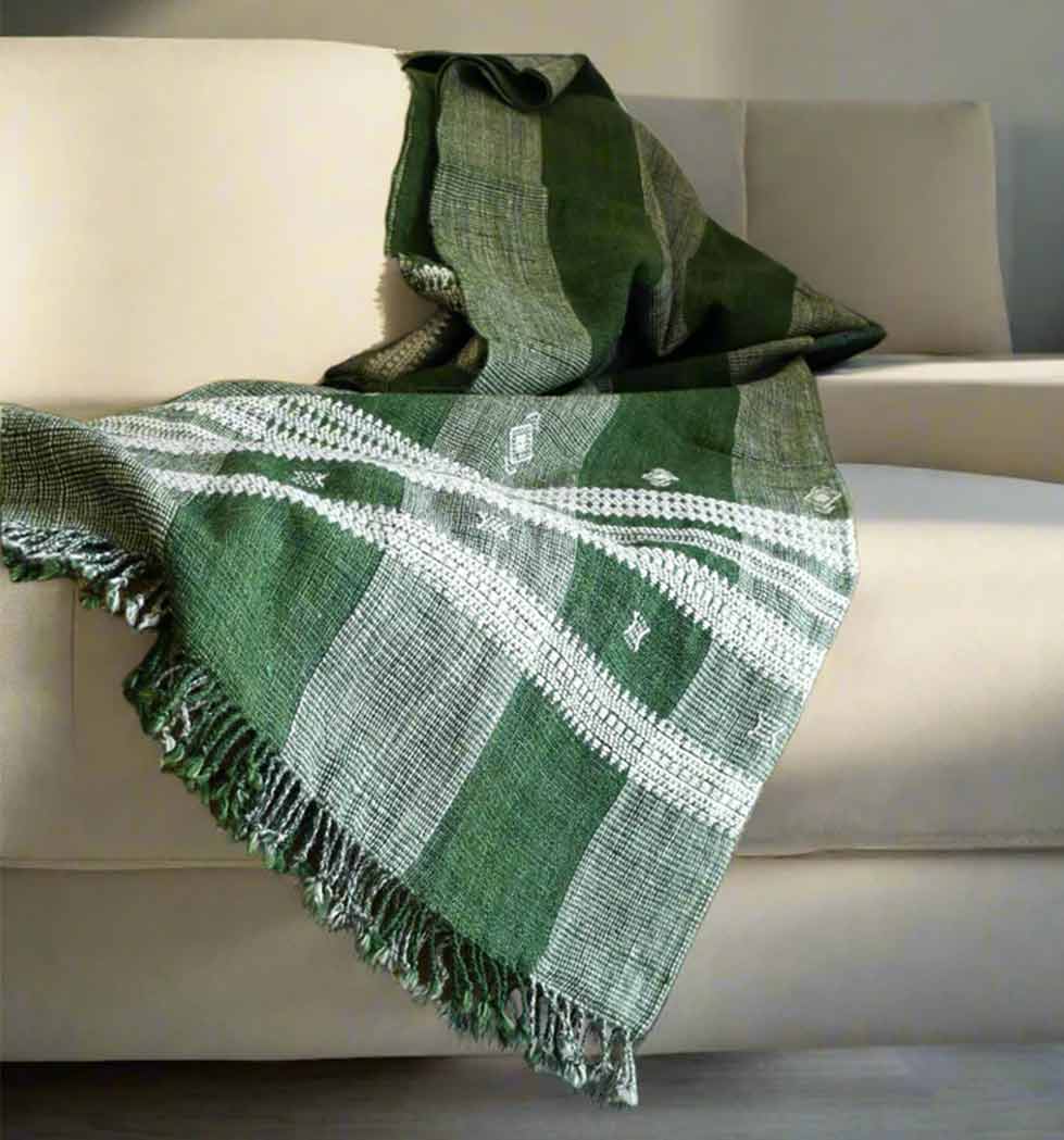Handwoven Vintage Bhujodi Bed Throw -Forest Green - 54" x 102" Handloom Throws