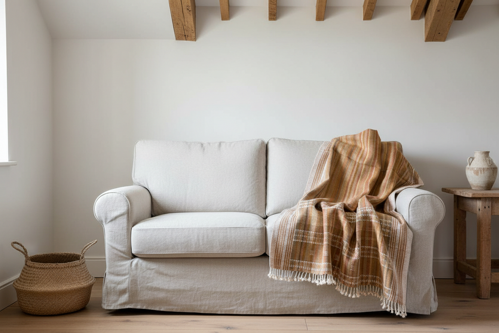 Handwoven Vintage Bhujodi Bed Throw Rust and Sandstone