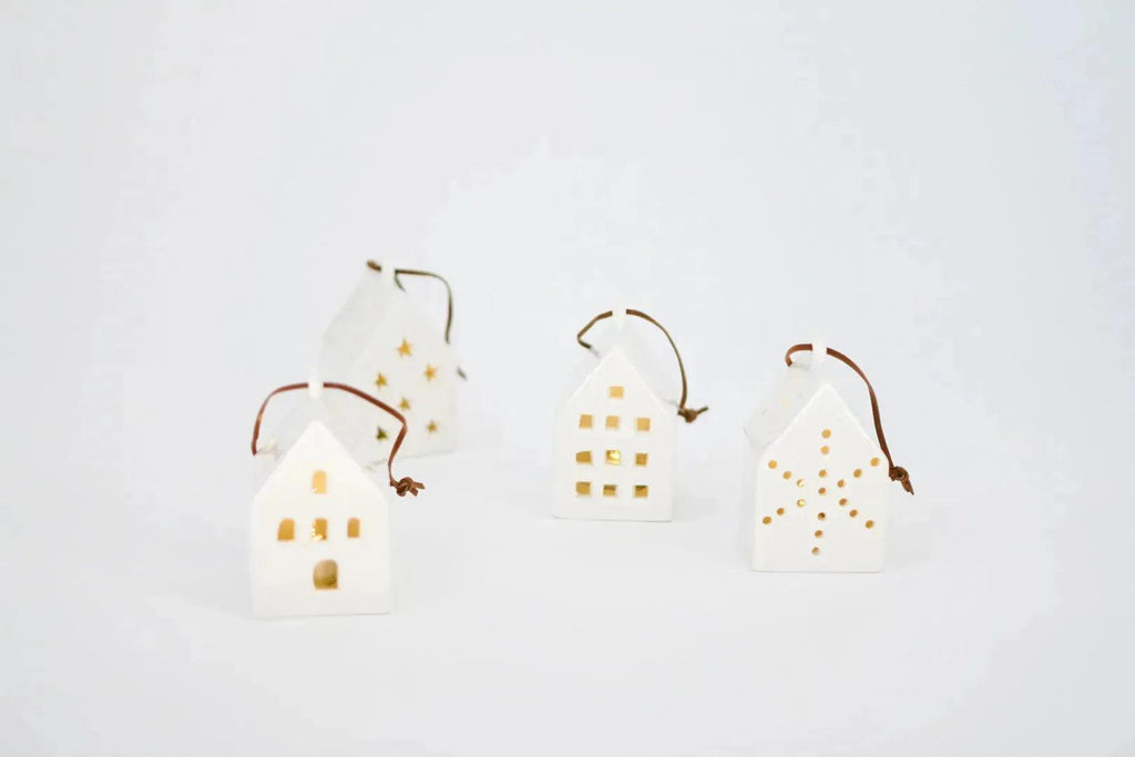 White Ceramic LED House Ornament, 4 Styles Home Decor