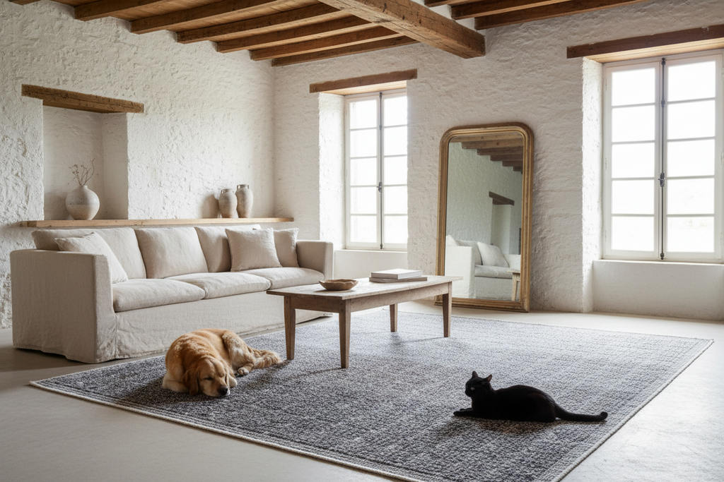 Gray area rug with a textured pattern on a white background