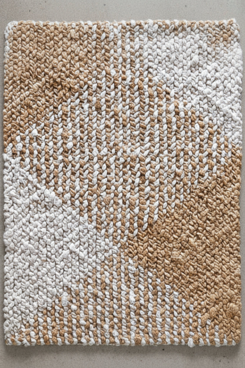 Textured area rug with a pattern of beige and white squares on a plain background