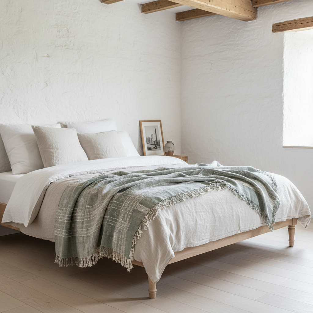 Vintage Bhujodi Handwoven Wool Bed Throw – Sage Green Handloom Throws
