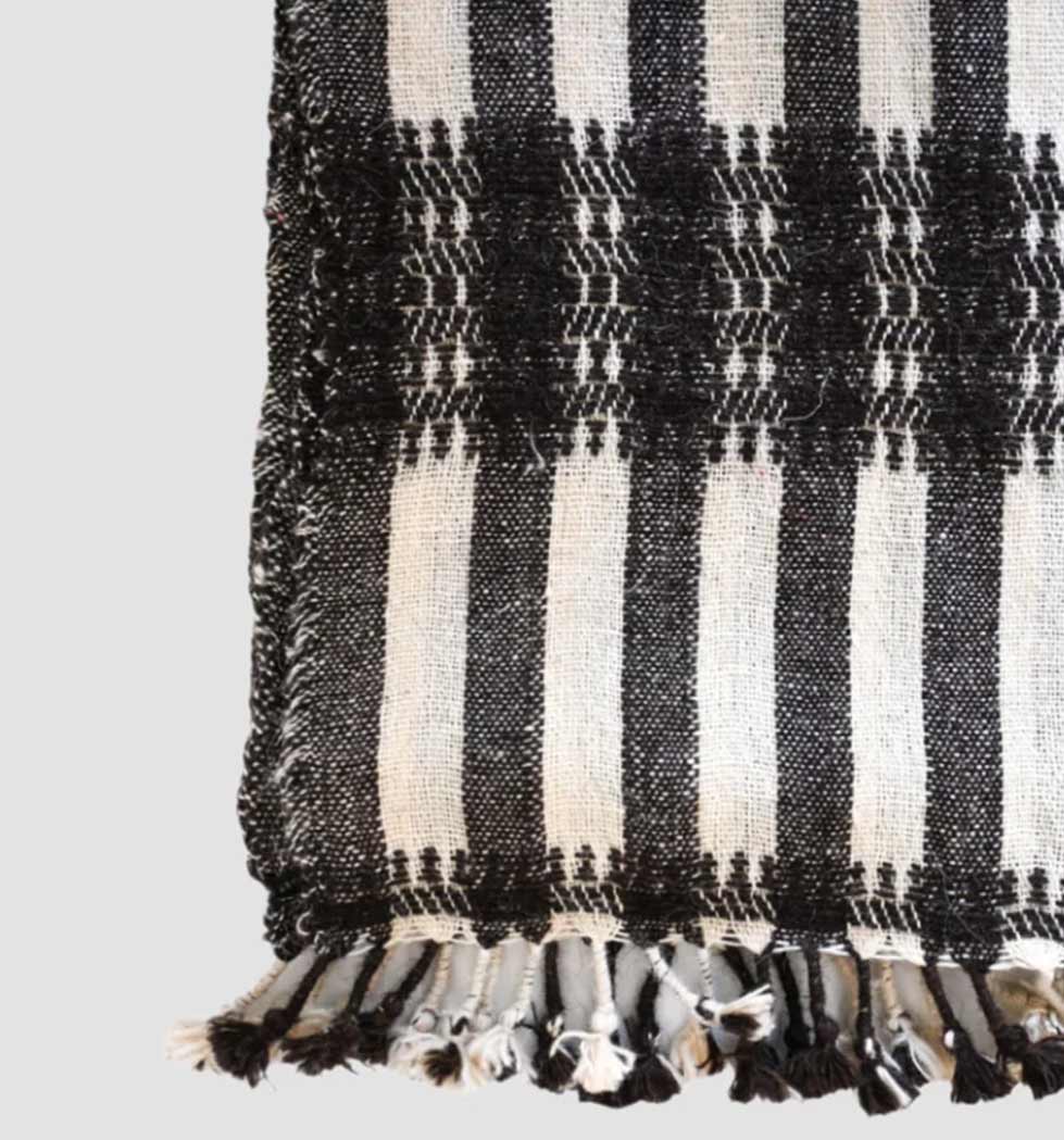 Handwoven Vintage Bhujodi Bed Throw -Black and Biege Stripes - 24" x 80"