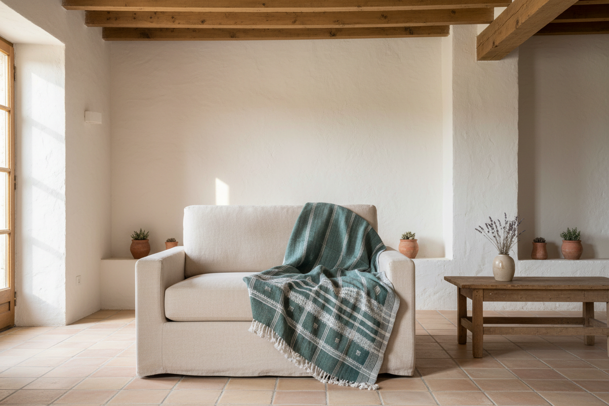 Handwoven Vintage Bhujodi Bed Throw Deep Olive Green