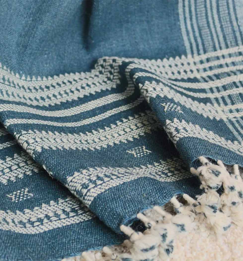 Handwoven Vintage Bhujodi Throw - Navy Blue - 40" X 90"