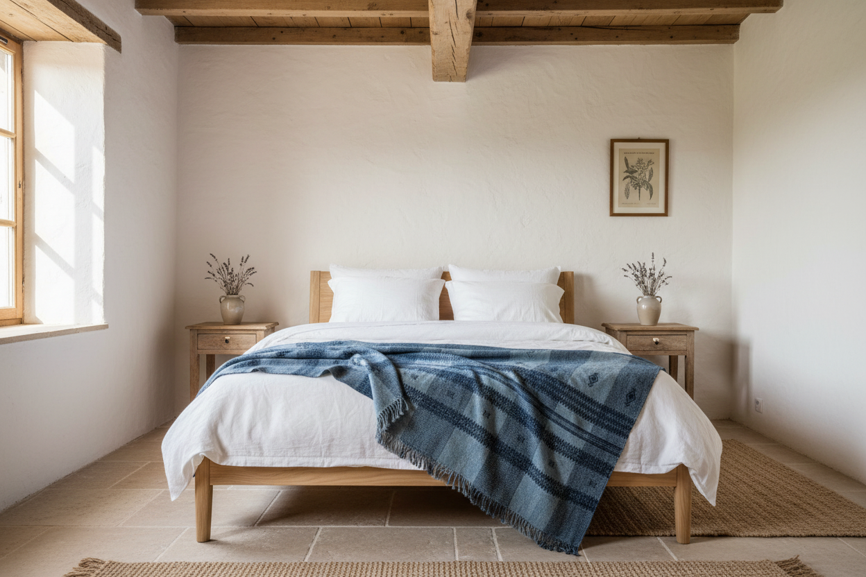 Handwoven Vintage Bhujodi Bed Throw -Slate Blue - 54" x 102"