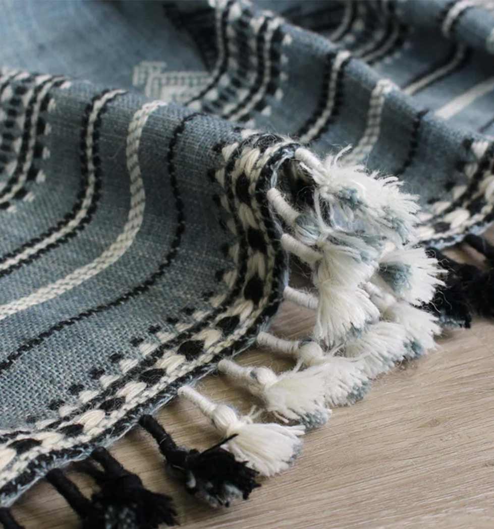 Handwoven Vintage Bhujodi Bed Throw - Sun Bleached Blue - 40" x 90"