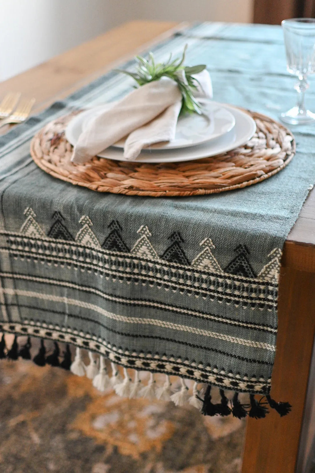 Bhujodi Table Runner - Blue Gray/Multicolor - Maple Village Lane