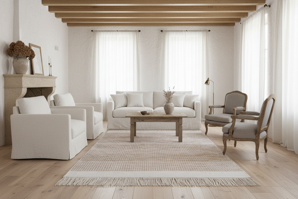 Beige and white striped rug with fringe on a white background