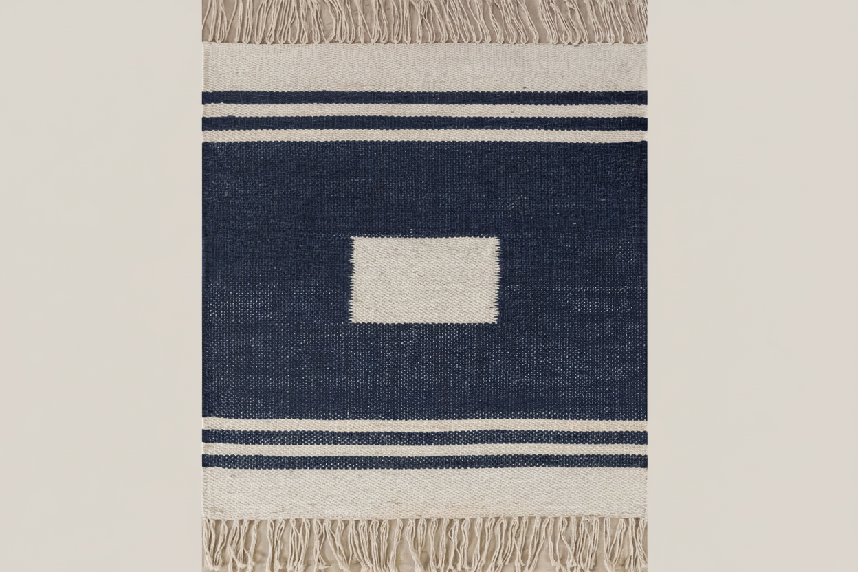 Navy blue and beige striped rug with a central square design on a white background