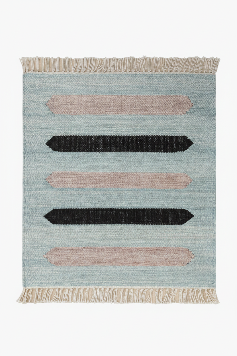 Rug with horizontal stripes in blue, beige, and black on a light gray background