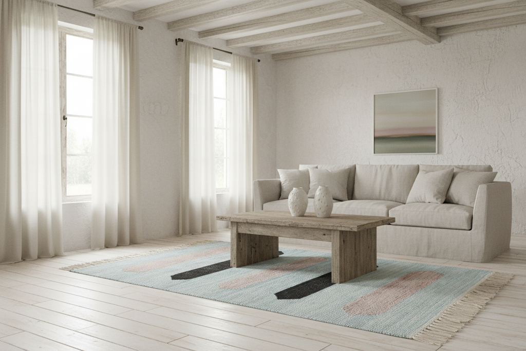 Rug with horizontal stripes in blue, beige, and black on a light gray background