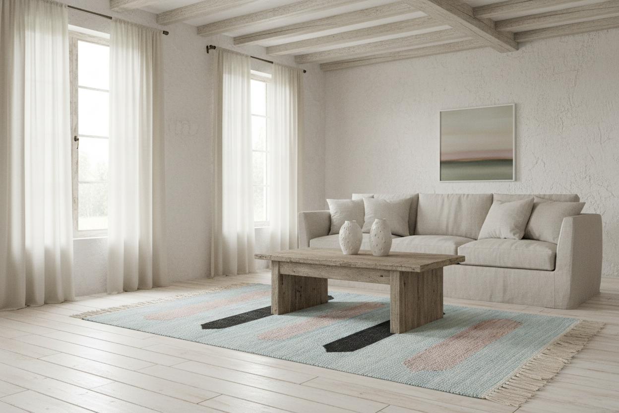 Rug with horizontal stripes in blue, beige, and black on a light gray background