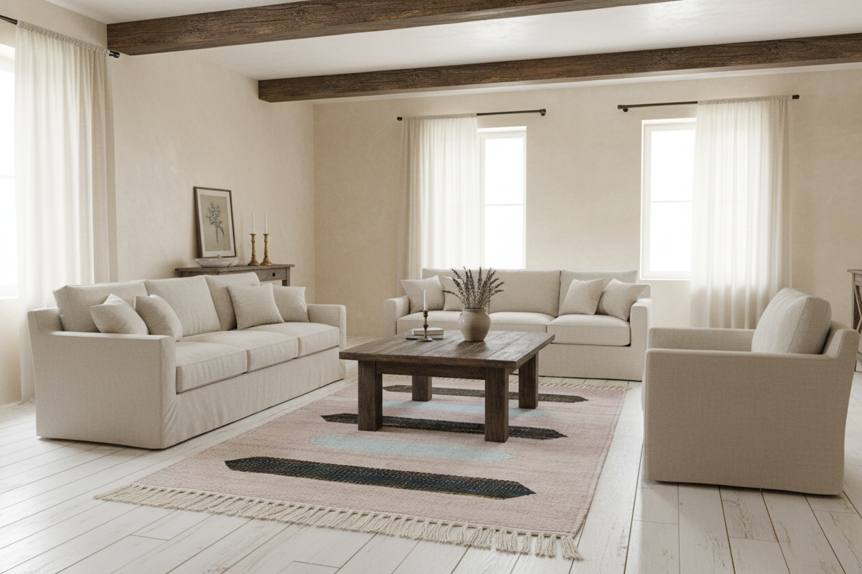 Rug with geometric pattern and fringes on a plain background