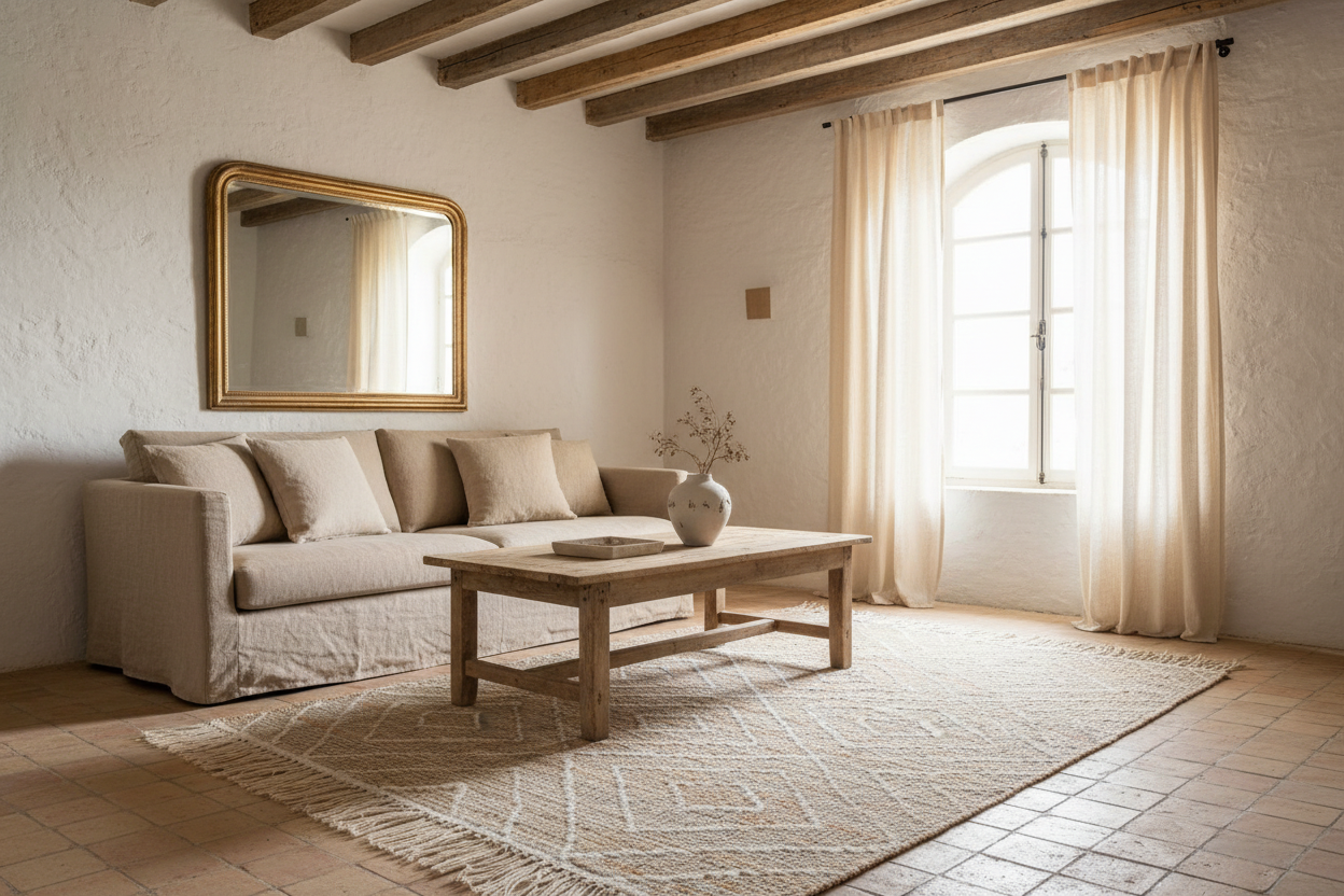Rug with geometric pattern and tassels on a plain background