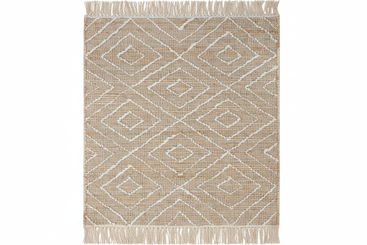 Rug with geometric pattern and tassels on a plain background