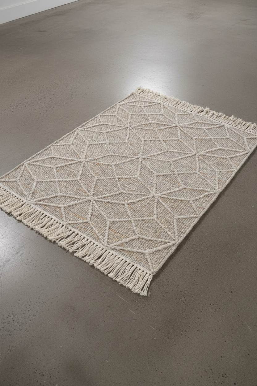 Rug with geometric pattern and fringes on a beige background