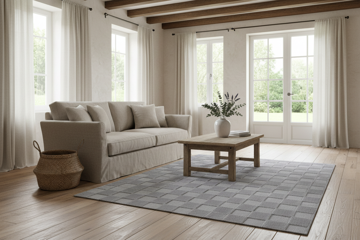 Textured woven patterned rug on a white background