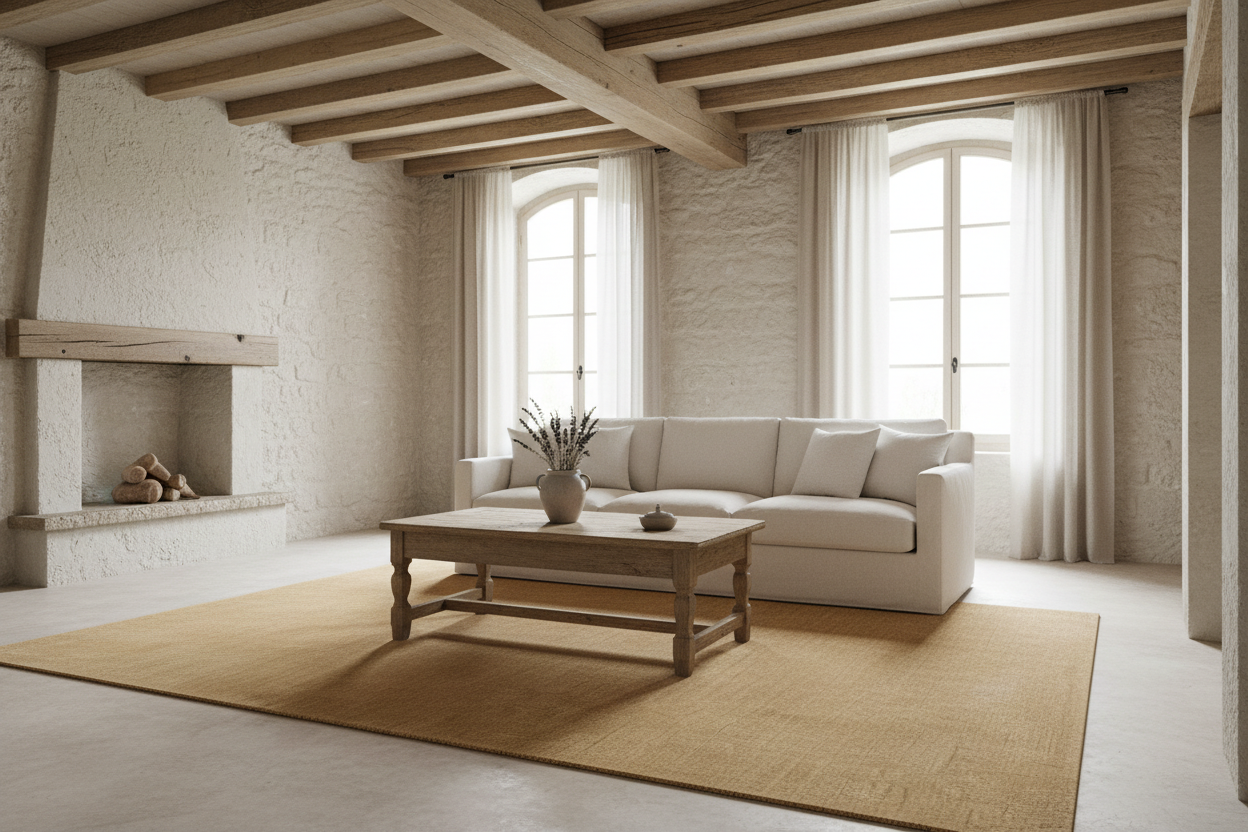 Beige rug with a textured pattern on a white background