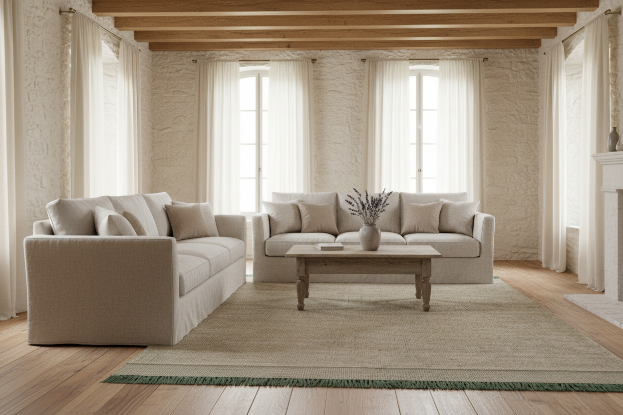 Textured green and beige rug with a subtle pattern on a white background
