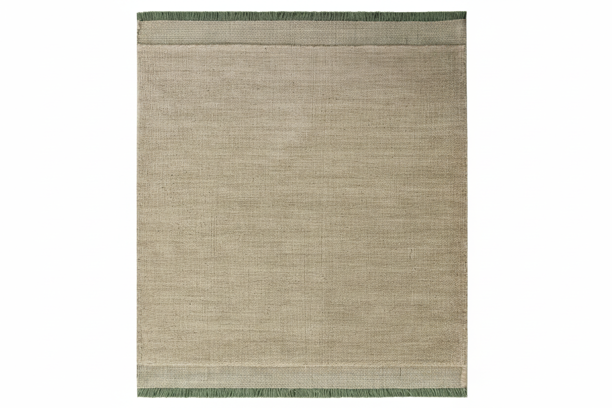 Textured green and beige rug with a subtle pattern on a white background