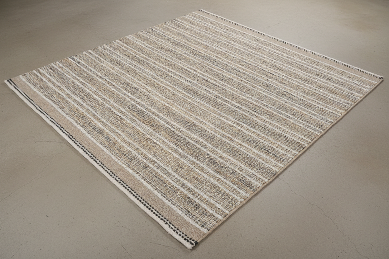 Striped rug with beige and brown tones on a white background