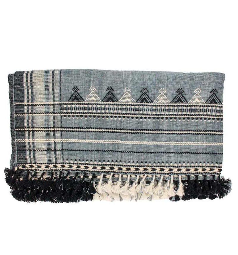 Handwoven Vintage Bhujodi Bed Throw - Sun Bleached Blue - 40" x 90" Handloom Throws