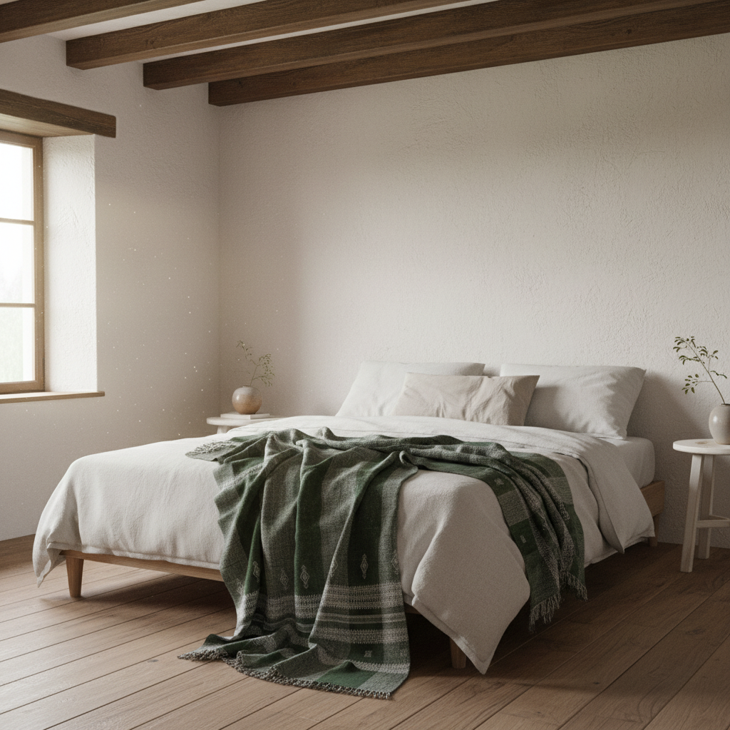 Handwoven Vintage Bhujodi Bed Throw -Forest Green - 54" x 102"