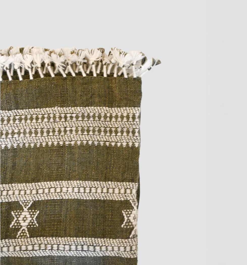 Handwoven Vintage Bhujodi Bed Throw -Olive Green - 50" x 90"